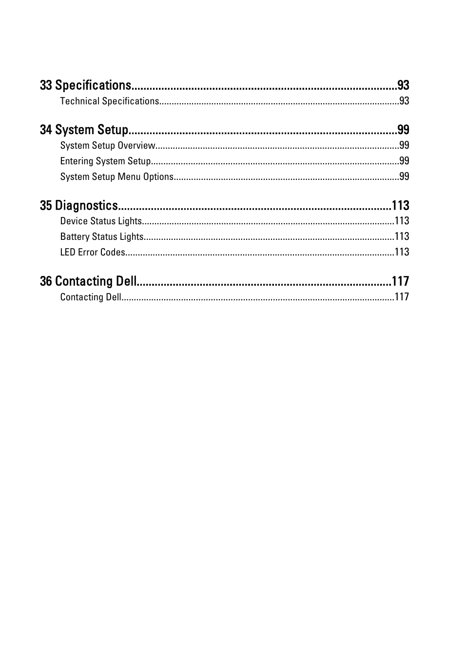 33 specifications, 34 system setup, 35 diagnostics | 36 contacting dell | Dell Latitude E6520 (Early 2011) User Manual | Page 7 / 117