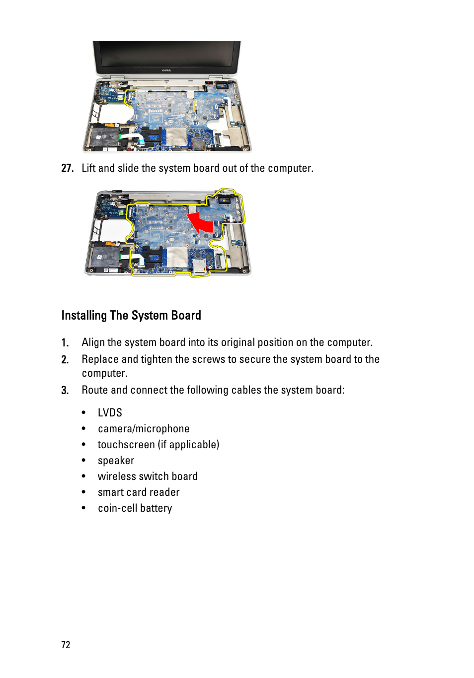 Installing the system board | Dell Latitude E6520 (Early 2011) User Manual | Page 72 / 117