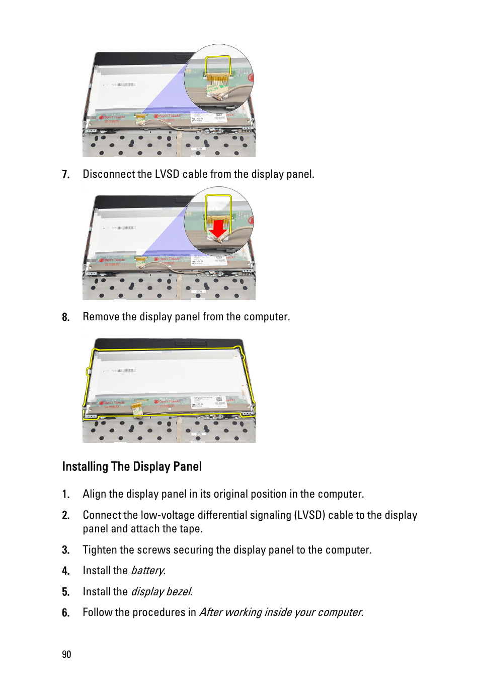 Installing the display panel | Dell Latitude E6520 (Early 2011) User Manual | Page 90 / 117