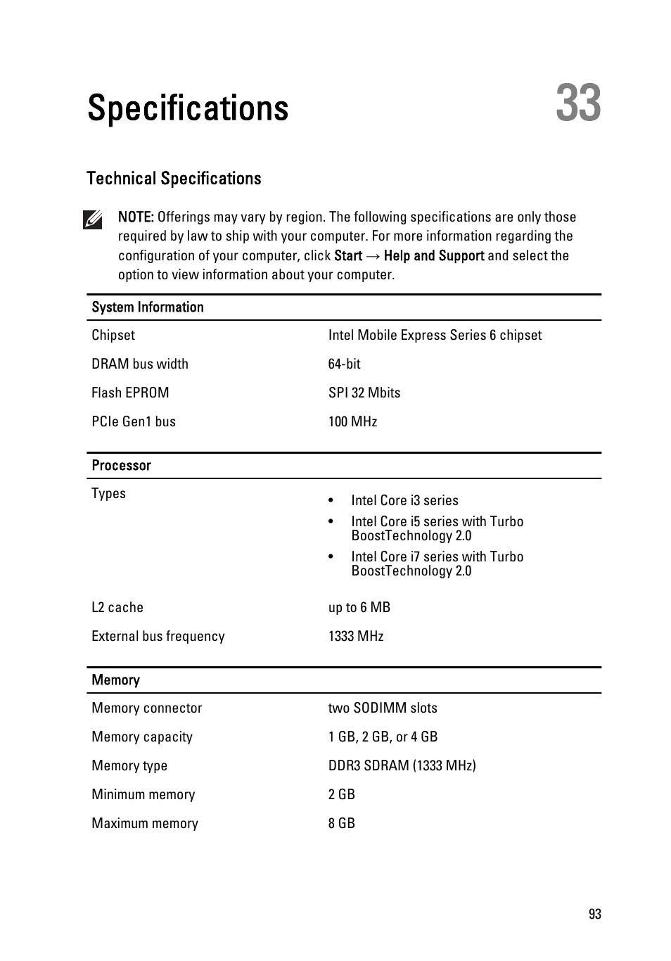 Specifications, Technical specifications, 33 specifications | Dell Latitude E6520 (Early 2011) User Manual | Page 93 / 117