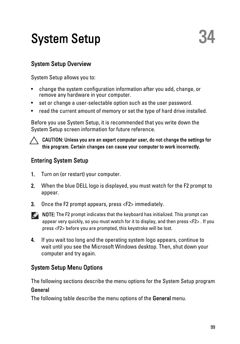 System setup, System setup overview, Entering system setup | System setup menu options, 34 system setup | Dell Latitude E6520 (Early 2011) User Manual | Page 99 / 117