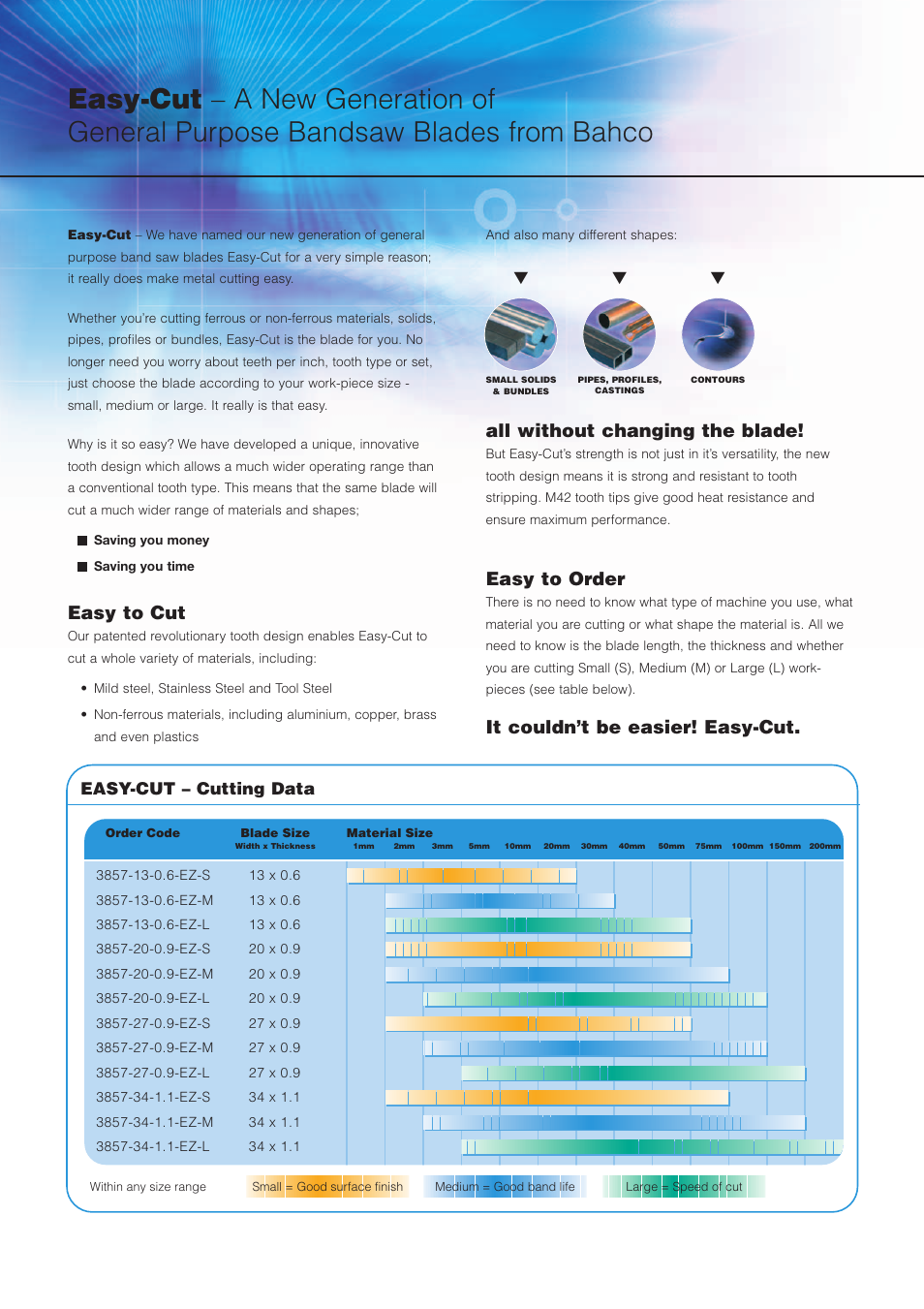 Easy to cut, All without changing the blade, Easy to order | It couldn’t be easier! easy-cut, Easy-cut – cutting data | Bahco 3857 Sandflex User Manual | Page 2 / 4