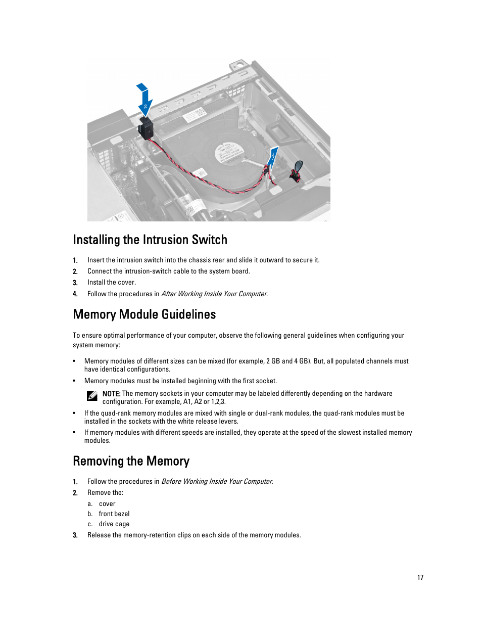 Installing the intrusion switch, Memory module guidelines, Removing the memory | Dell OptiPlex 7010 (Mid 2012) User Manual | Page 17 / 60