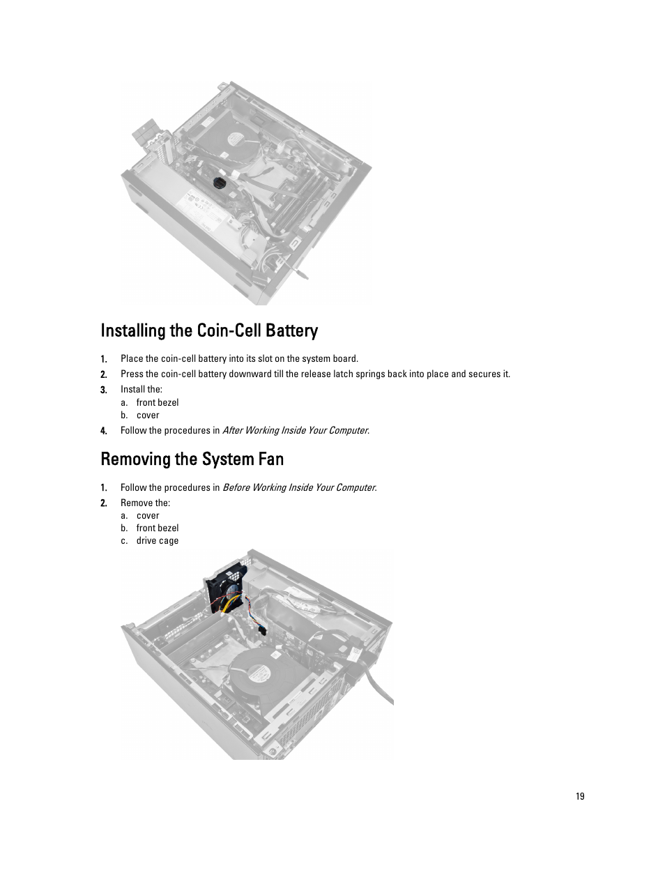 Installing the coin-cell battery, Removing the system fan | Dell OptiPlex 7010 (Mid 2012) User Manual | Page 19 / 60