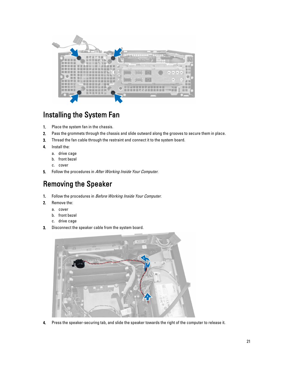 Installing the system fan, Removing the speaker | Dell OptiPlex 7010 (Mid 2012) User Manual | Page 21 / 60