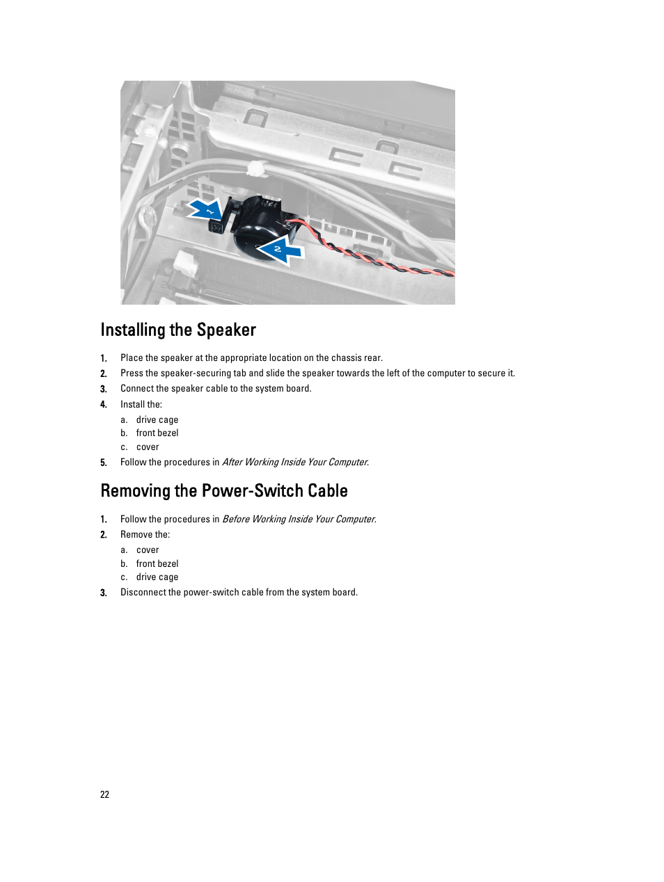 Installing the speaker, Removing the power-switch cable | Dell OptiPlex 7010 (Mid 2012) User Manual | Page 22 / 60