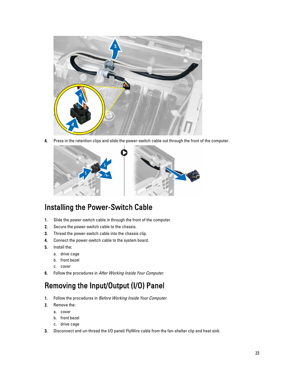 Installing the power-switch cable, Removing the input/output (i/o) panel | Dell OptiPlex 7010 (Mid 2012) User Manual | Page 23 / 60