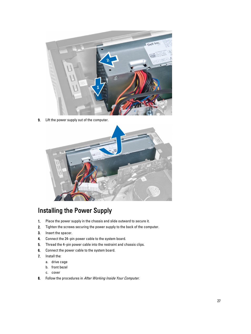 Installing the power supply | Dell OptiPlex 7010 (Mid 2012) User Manual | Page 27 / 60