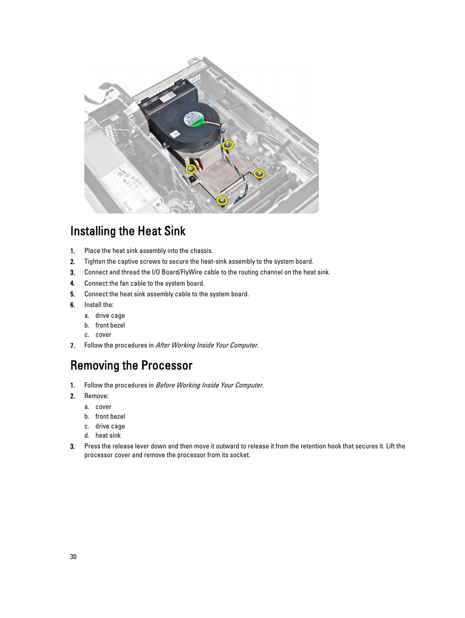 Installing the heat sink, Removing the processor | Dell OptiPlex 7010 (Mid 2012) User Manual | Page 30 / 60