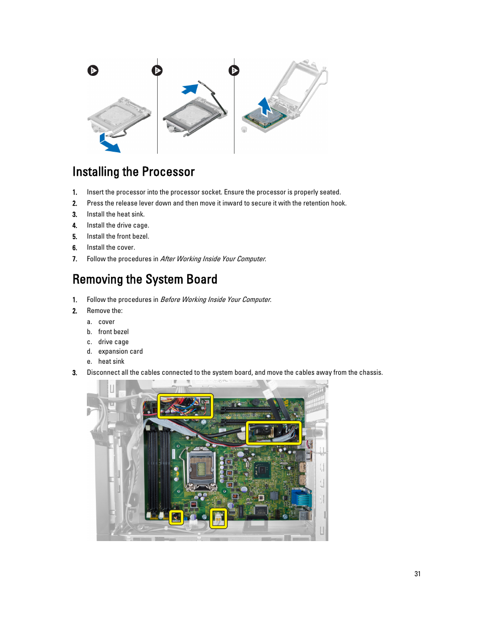Installing the processor, Removing the system board | Dell OptiPlex 7010 (Mid 2012) User Manual | Page 31 / 60
