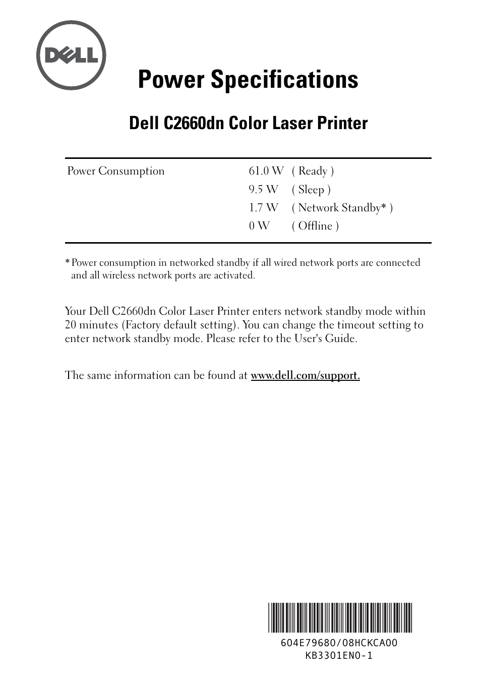 Dell C2660dn Color Laser Printer User Manual | 1 page