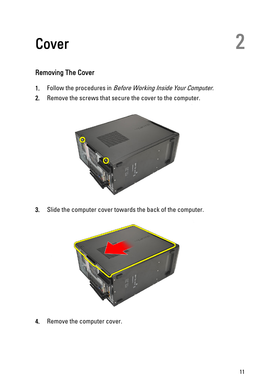 Cover, Removing the cover, 2 cover | Dell Vostro 260 (Mid 2011) User Manual | Page 11 / 68