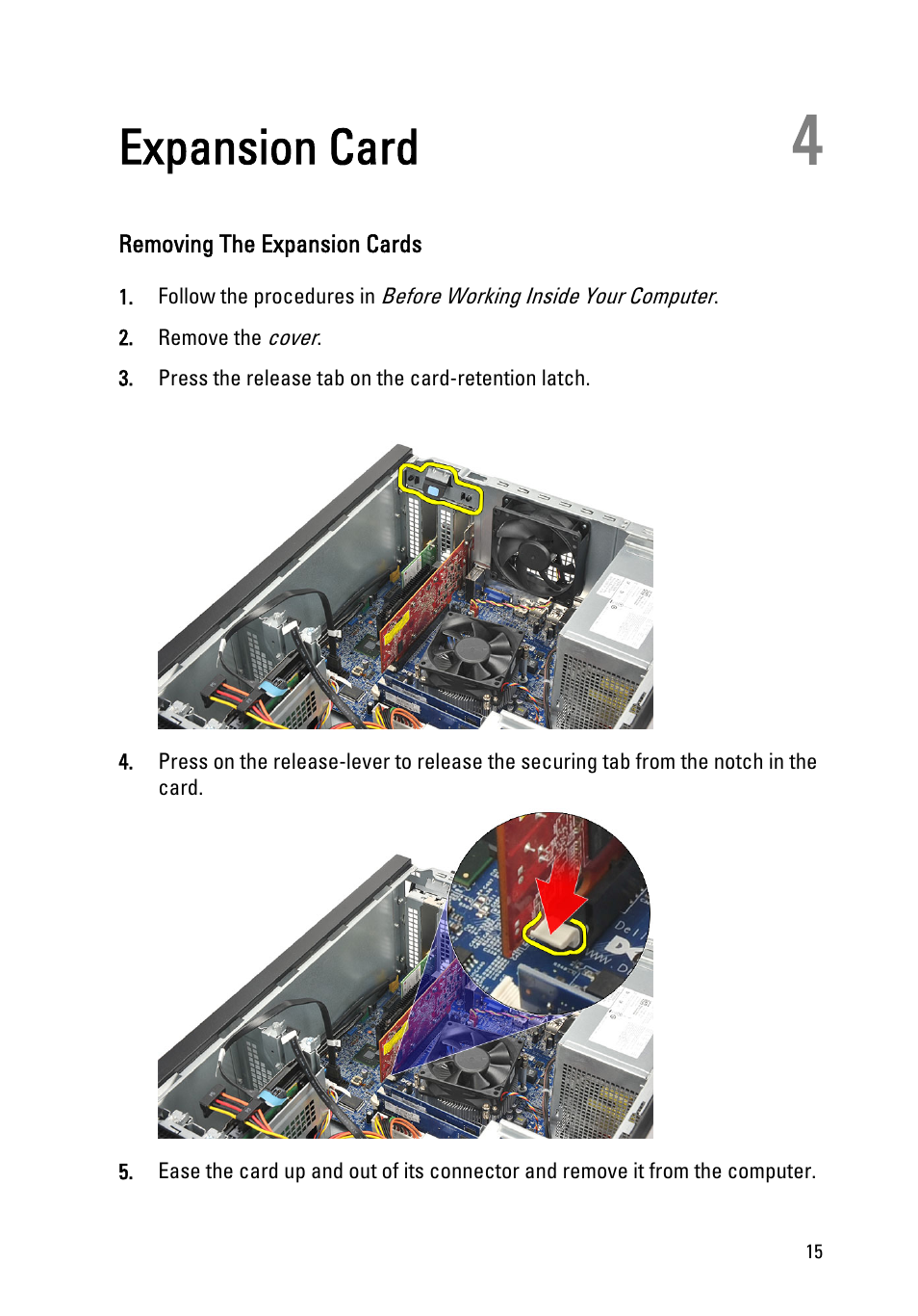 Expansion card, Removing the expansion cards, 4 expansion card | Dell Vostro 260 (Mid 2011) User Manual | Page 15 / 68