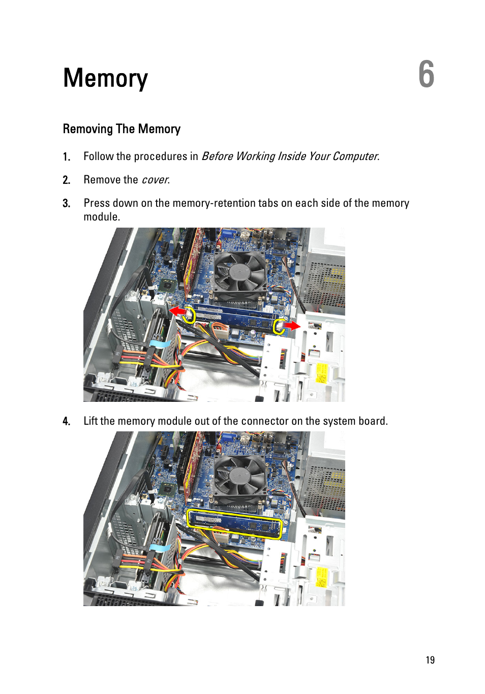 Memory, Removing the memory, 6 memory | Dell Vostro 260 (Mid 2011) User Manual | Page 19 / 68
