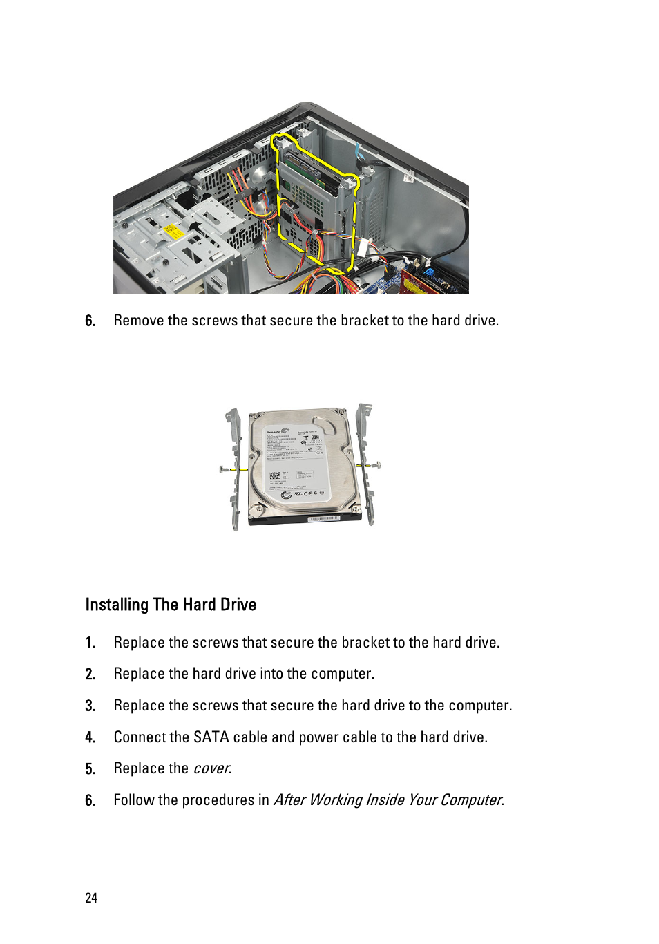 Installing the hard drive | Dell Vostro 260 (Mid 2011) User Manual | Page 24 / 68