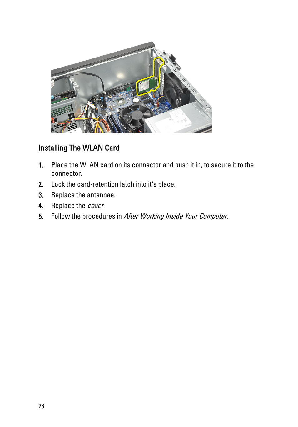 Installing the wlan card | Dell Vostro 260 (Mid 2011) User Manual | Page 26 / 68