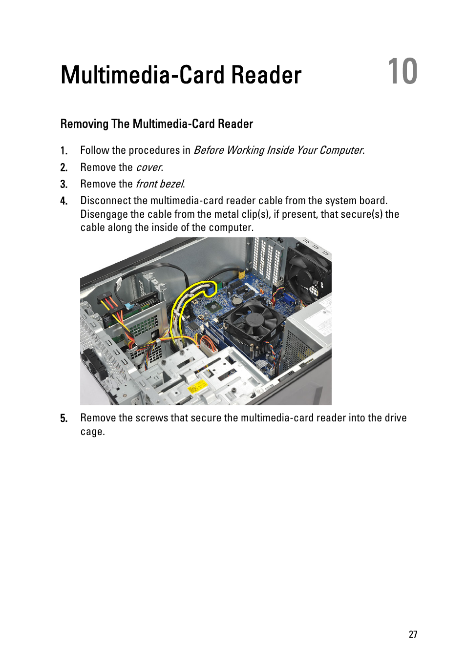 Multimedia-card reader, Removing the multimedia-card reader, 10 multimedia-card reader | Dell Vostro 260 (Mid 2011) User Manual | Page 27 / 68