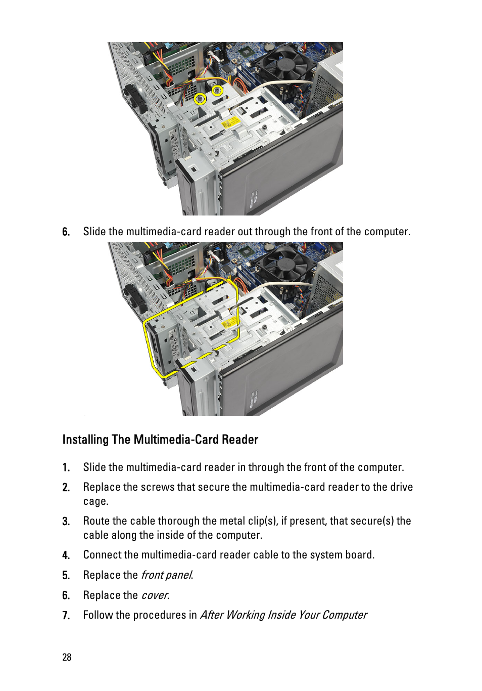 Installing the multimedia-card reader | Dell Vostro 260 (Mid 2011) User Manual | Page 28 / 68