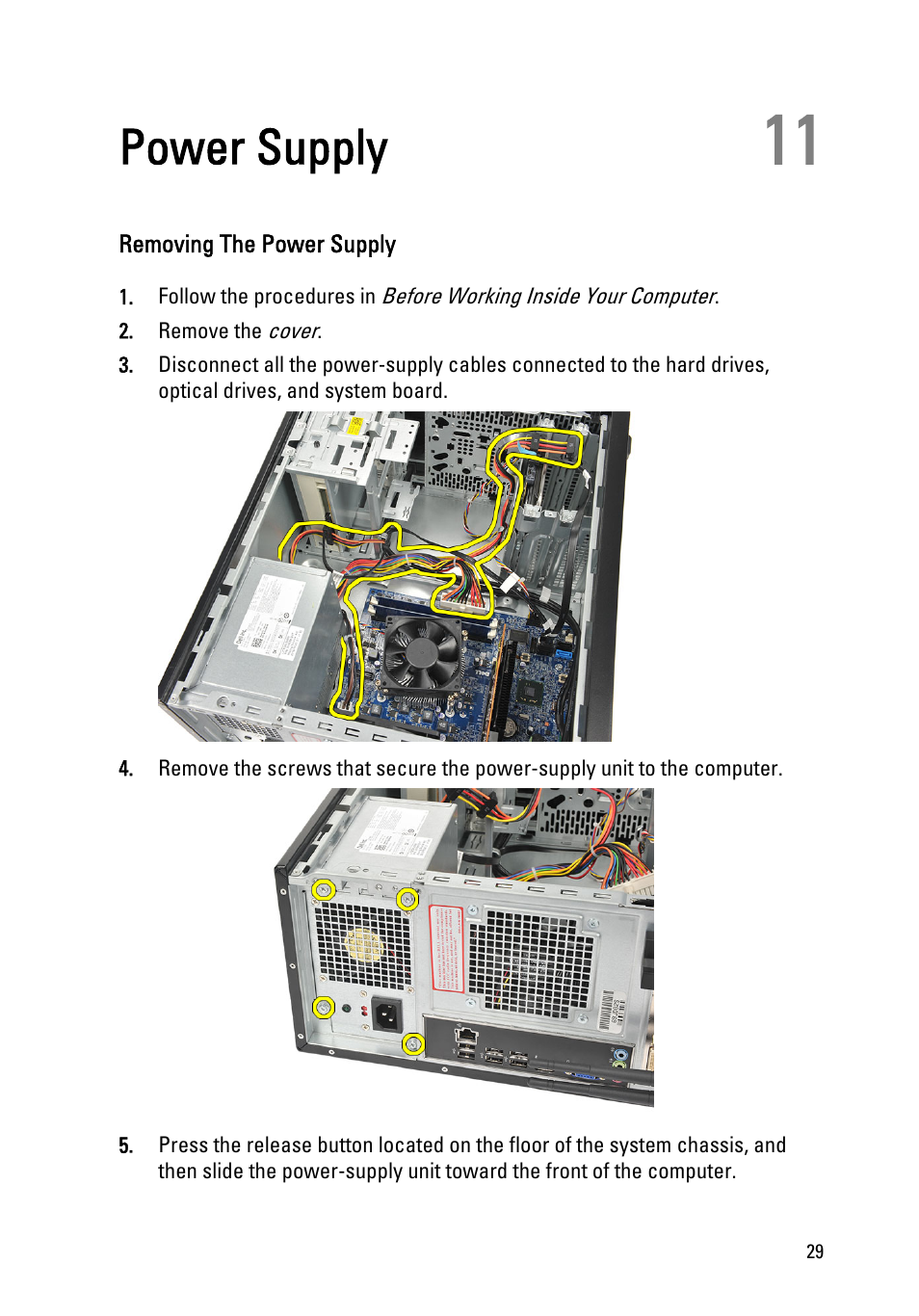 Power supply, Removing the power supply, 11 power supply | Dell Vostro 260 (Mid 2011) User Manual | Page 29 / 68