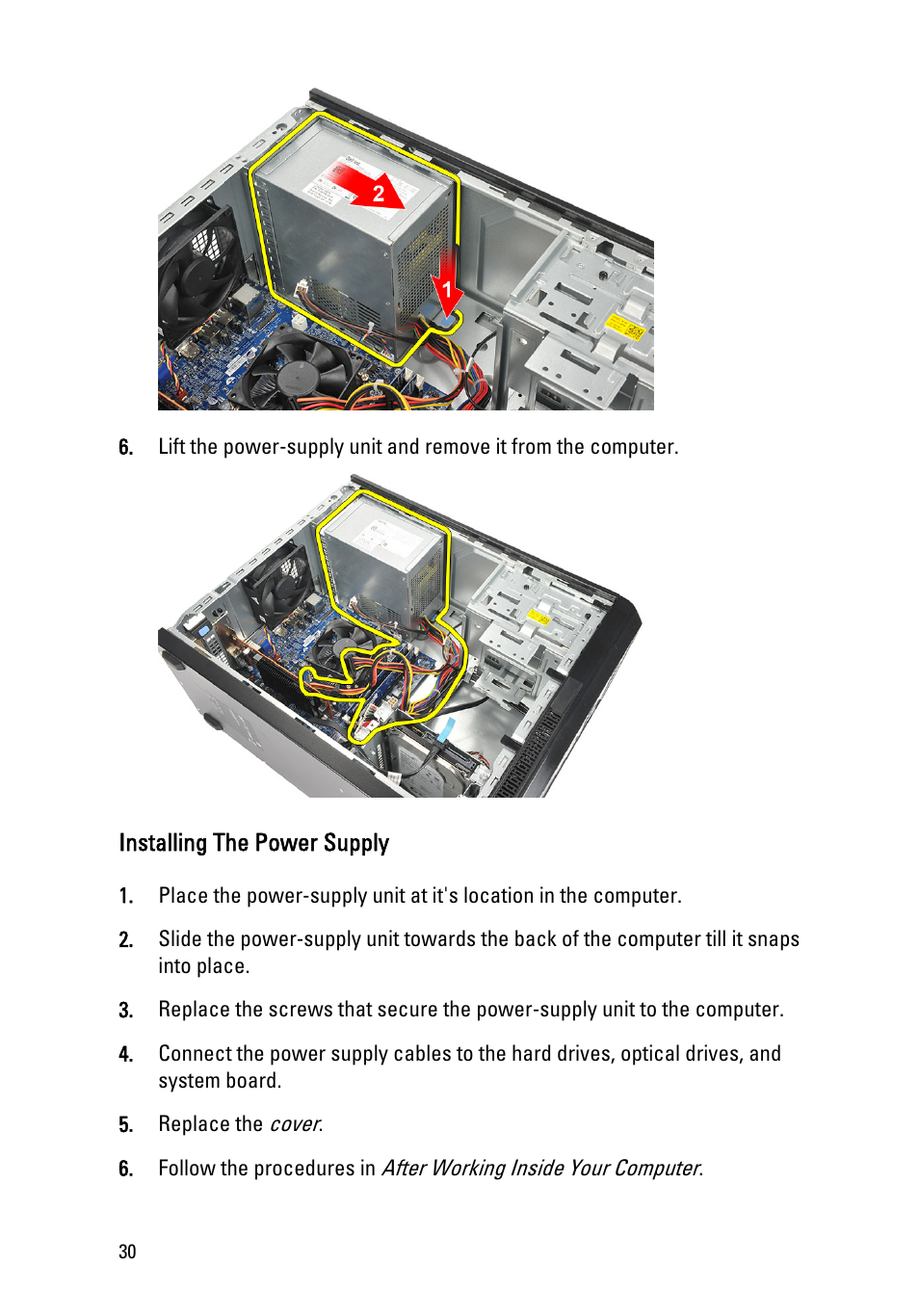 Installing the power supply | Dell Vostro 260 (Mid 2011) User Manual | Page 30 / 68