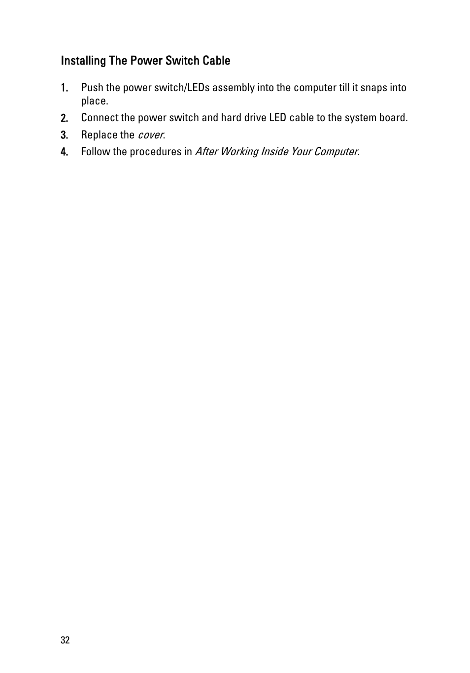 Installing the power switch cable | Dell Vostro 260 (Mid 2011) User Manual | Page 32 / 68