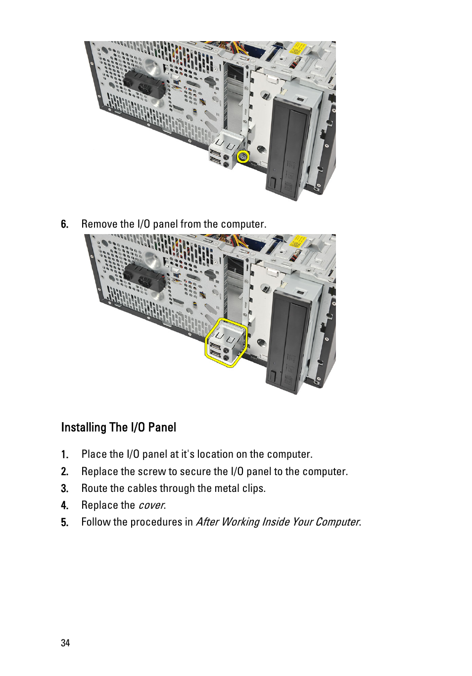 Installing the i/o panel | Dell Vostro 260 (Mid 2011) User Manual | Page 34 / 68