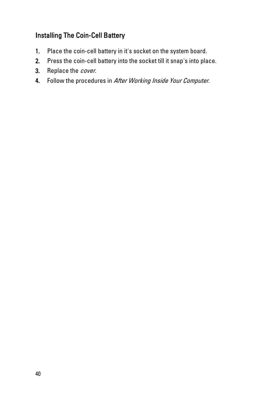 Installing the coin-cell battery | Dell Vostro 260 (Mid 2011) User Manual | Page 40 / 68