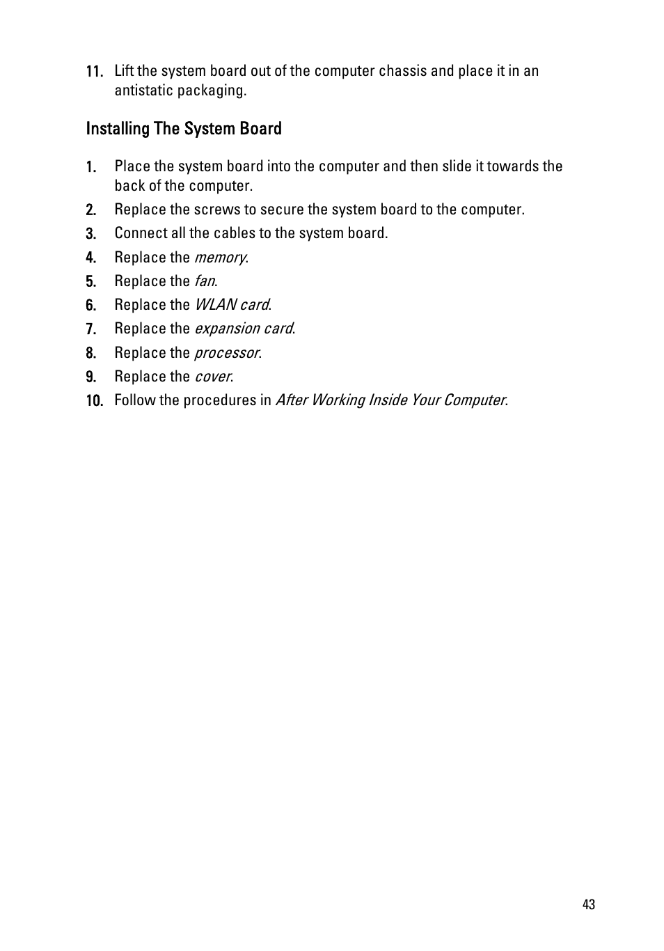 Installing the system board | Dell Vostro 260 (Mid 2011) User Manual | Page 43 / 68