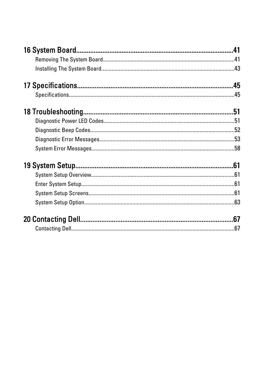 16 system board, 17 specifications, 18 troubleshooting | 19 system setup, 20 contacting dell | Dell Vostro 260 (Mid 2011) User Manual | Page 5 / 68