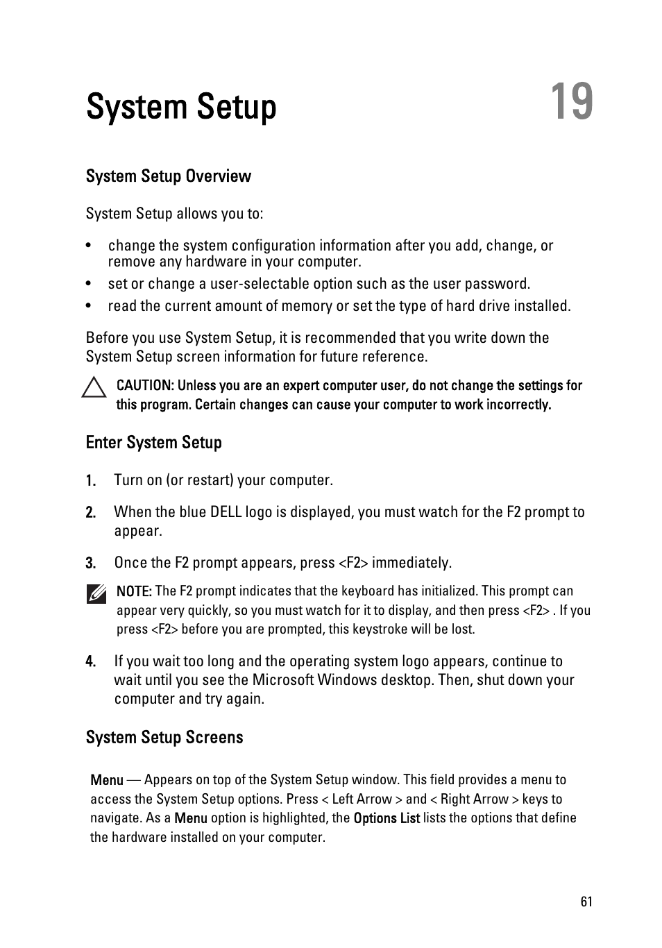 System setup, System setup overview, Enter system setup | System setup screens, 19 system setup | Dell Vostro 260 (Mid 2011) User Manual | Page 61 / 68