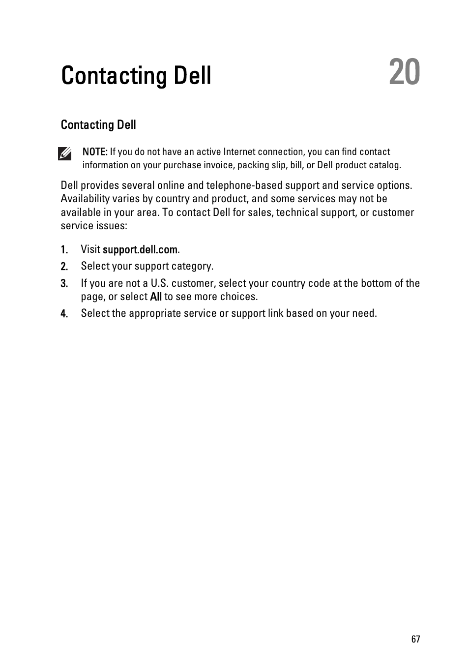 Contacting dell, 20 contacting dell, Contact dell | The optional rom has failed | Dell Vostro 260 (Mid 2011) User Manual | Page 67 / 68