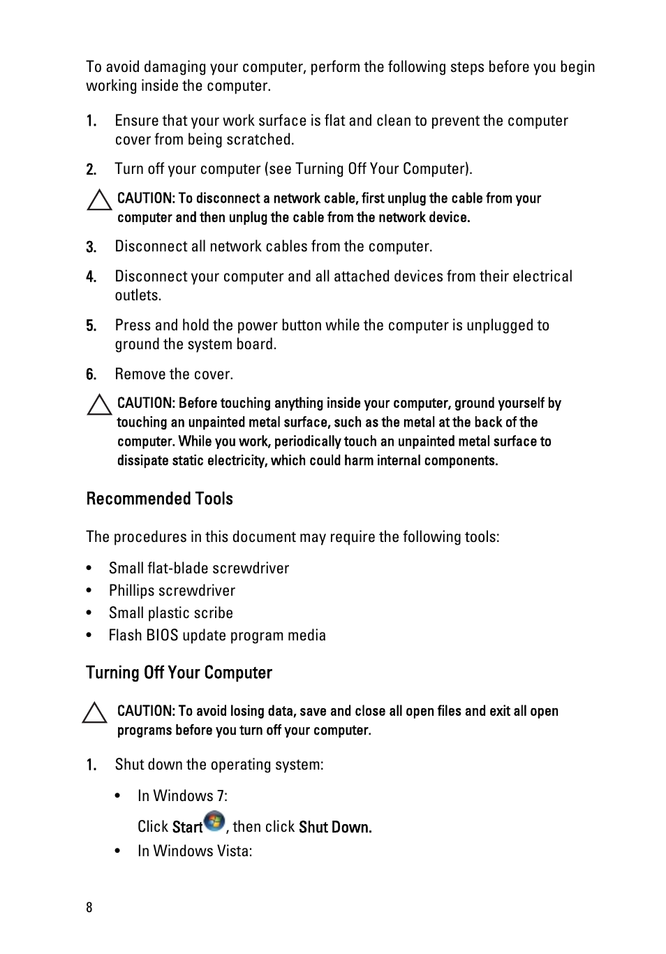 Recommended tools, Turning off your computer | Dell Vostro 260 (Mid 2011) User Manual | Page 8 / 68