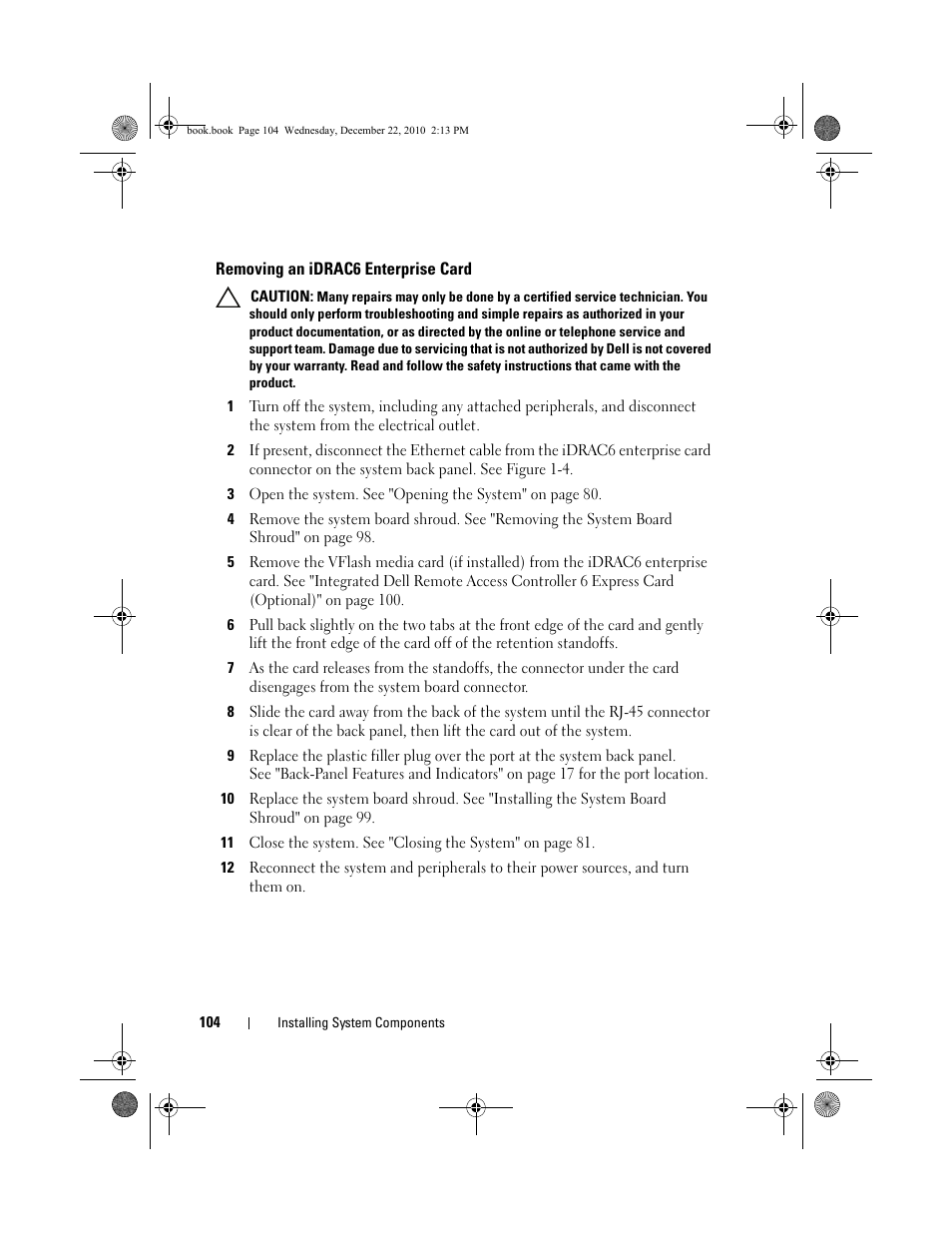 Removing an idrac6 enterprise card | Dell DX6000G User Manual | Page 104 / 174