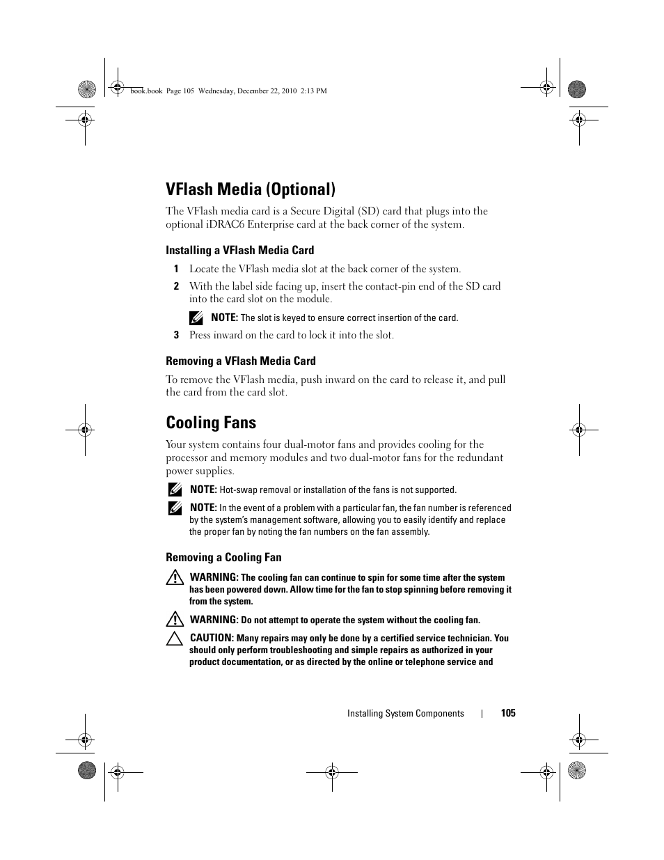 Vflash media (optional), Installing a vflash media card, Removing a vflash media card | Cooling fans, Removing a cooling fan | Dell DX6000G User Manual | Page 105 / 174