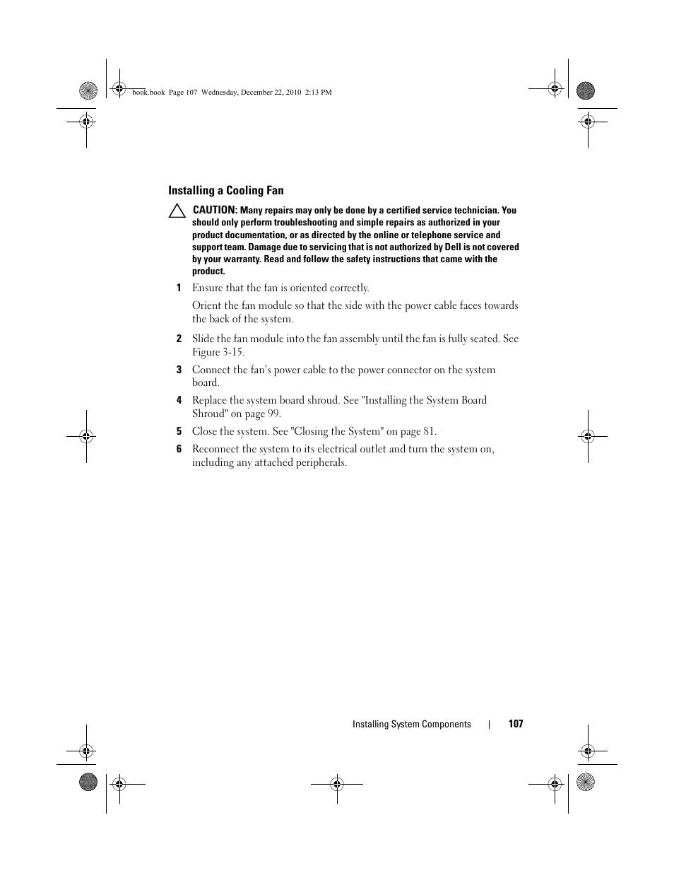 Installing a cooling fan | Dell DX6000G User Manual | Page 107 / 174