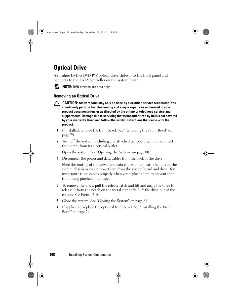 Optical drive, Removing an optical drive | Dell DX6000G User Manual | Page 108 / 174