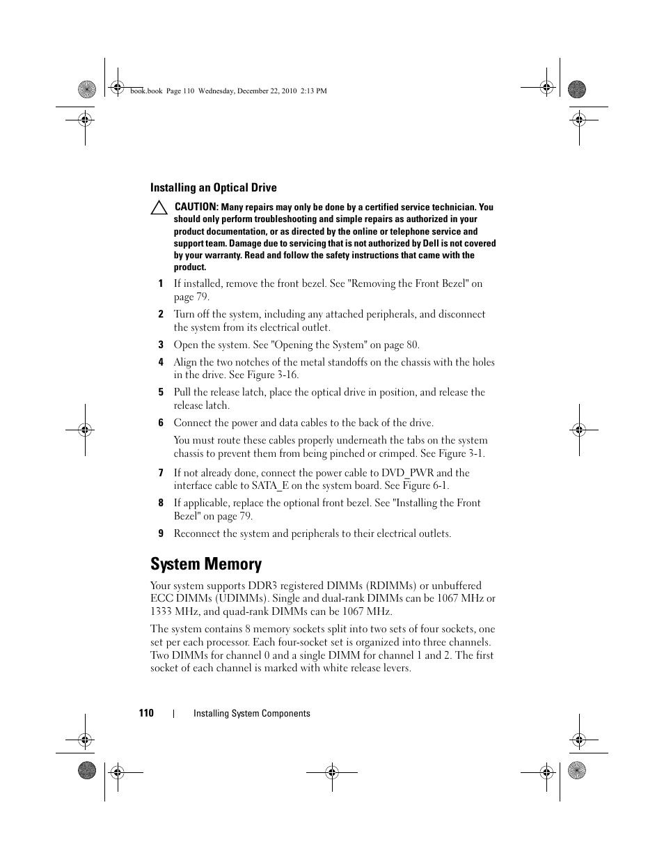 Installing an optical drive, System memory, E "system | System memory" on, Aring mode. see "system, En. see "system | Dell DX6000G User Manual | Page 110 / 174