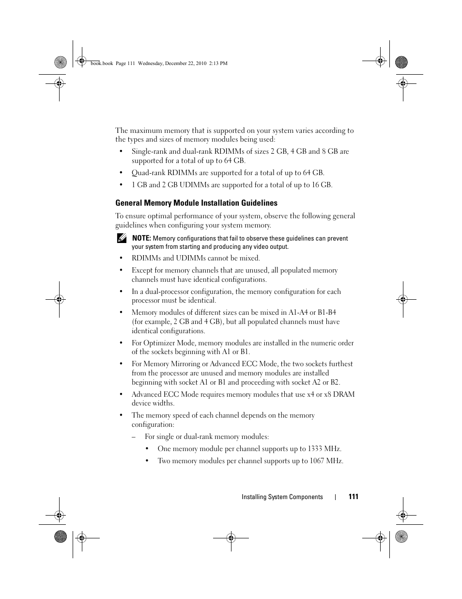 General memory module installation guidelines, E "general memory, Module installation | See "general memory, General memory, General memory module, Installation guidelines" on | Dell DX6000G User Manual | Page 111 / 174