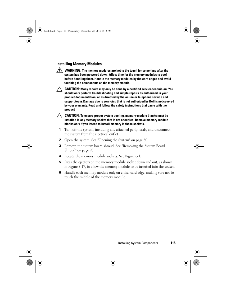 Installing memory modules, Installing memory | Dell DX6000G User Manual | Page 115 / 174