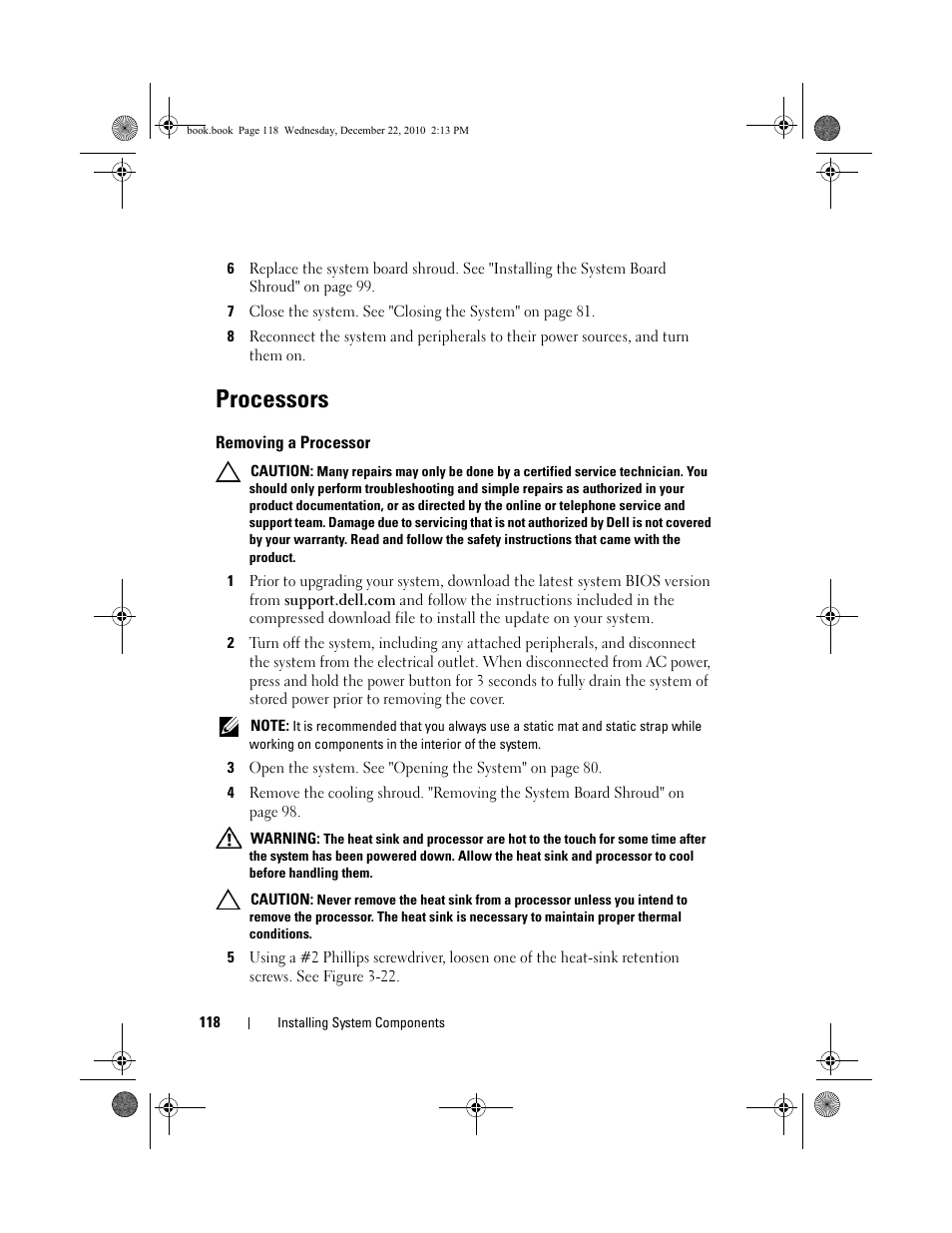 Processors, Removing a processor, See "processors" on | Dell DX6000G User Manual | Page 118 / 174