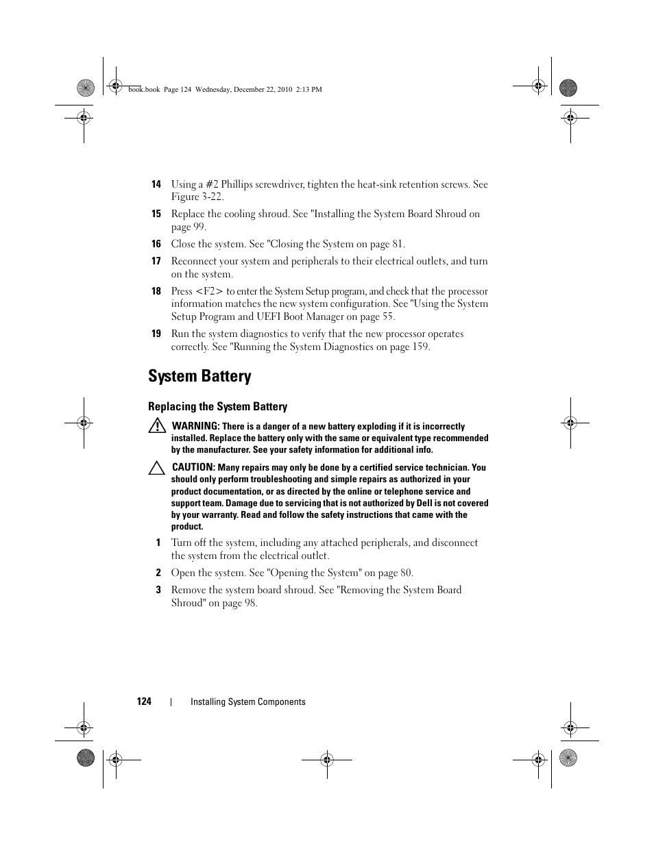 System battery, Replacing the system battery, See "system battery | Dell DX6000G User Manual | Page 124 / 174