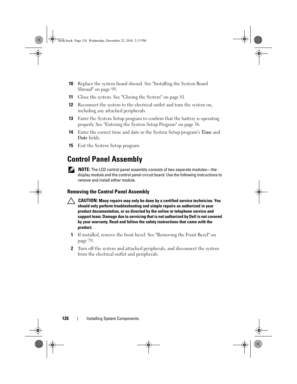 Control panel assembly, Removing the control panel assembly, Control panel | Dell DX6000G User Manual | Page 126 / 174