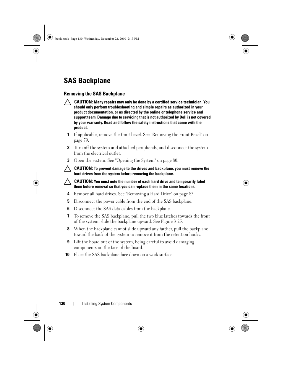 Sas backplane, Removing the sas backplane | Dell DX6000G User Manual | Page 130 / 174