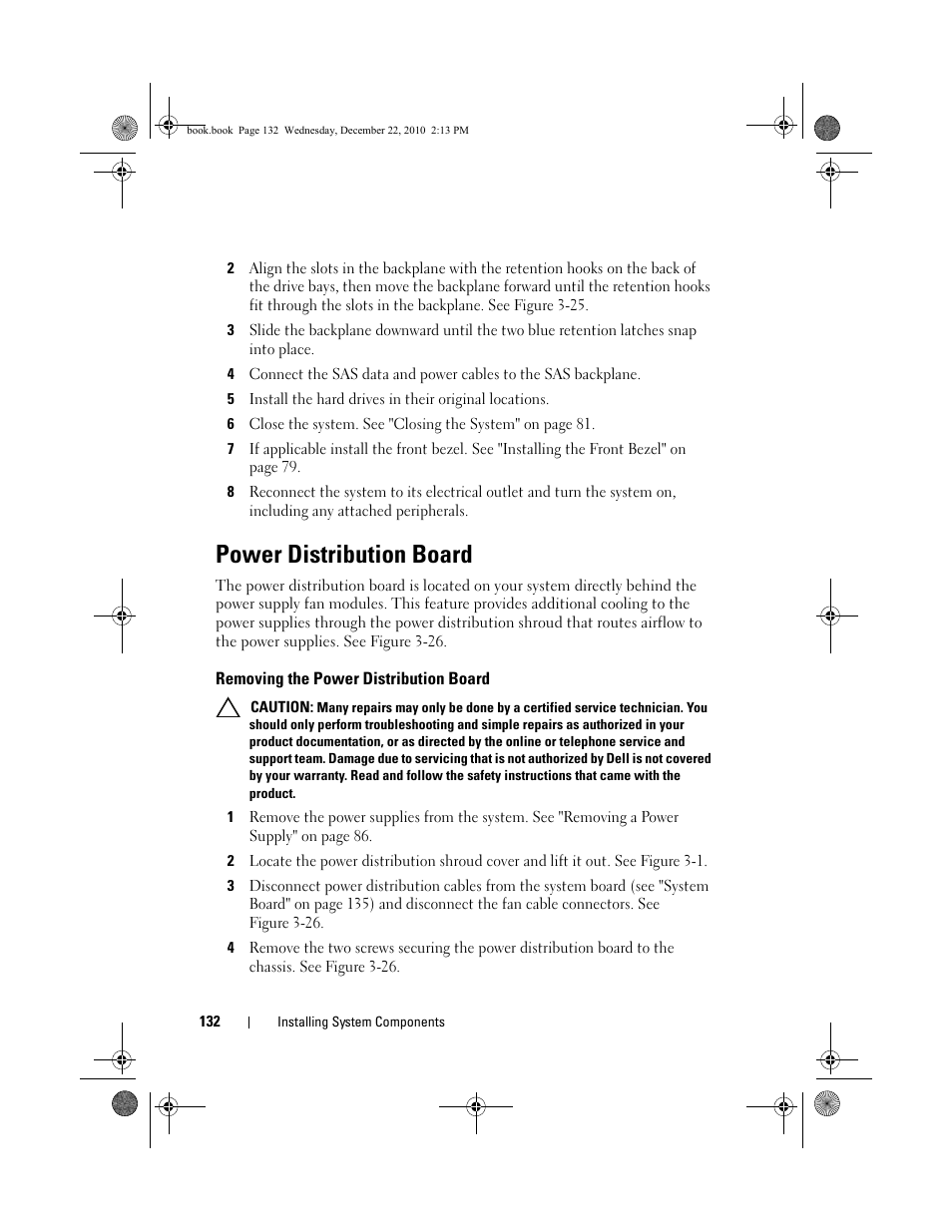 Power distribution board, Removing the power distribution board | Dell DX6000G User Manual | Page 132 / 174