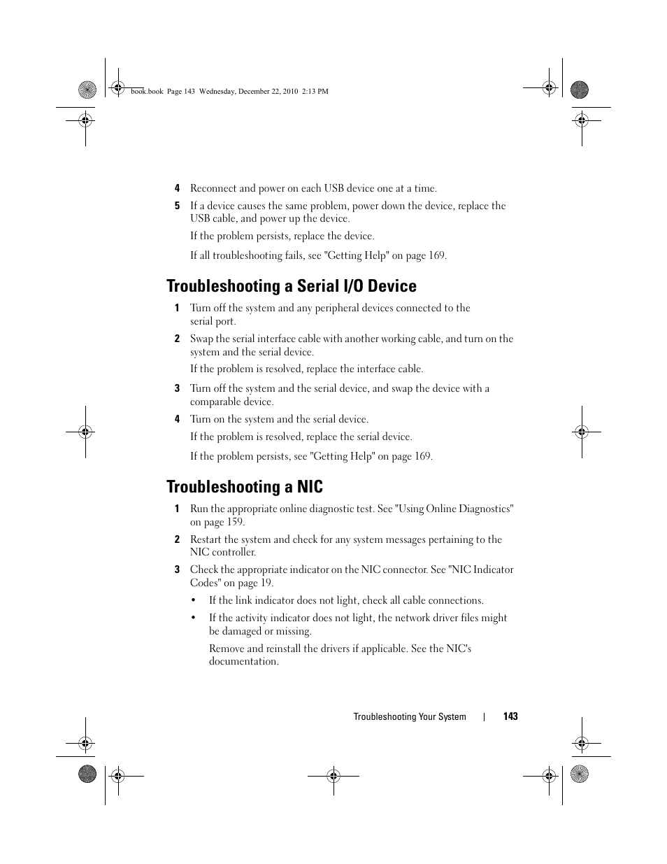 Troubleshooting a serial i/o device, Troubleshooting a nic, Troubleshooting a nic" on | Dell DX6000G User Manual | Page 141 / 174