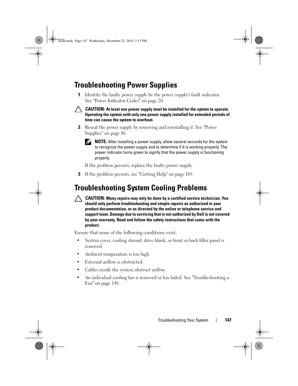 Troubleshooting power supplies, Troubleshooting system cooling problems, See "troubleshooting | System cooling, Troubleshooting system, Cooling problems" on, E "troubleshooting, And "troubleshooting, Power supplies" on, Troubleshooting power | Dell DX6000G User Manual | Page 145 / 174