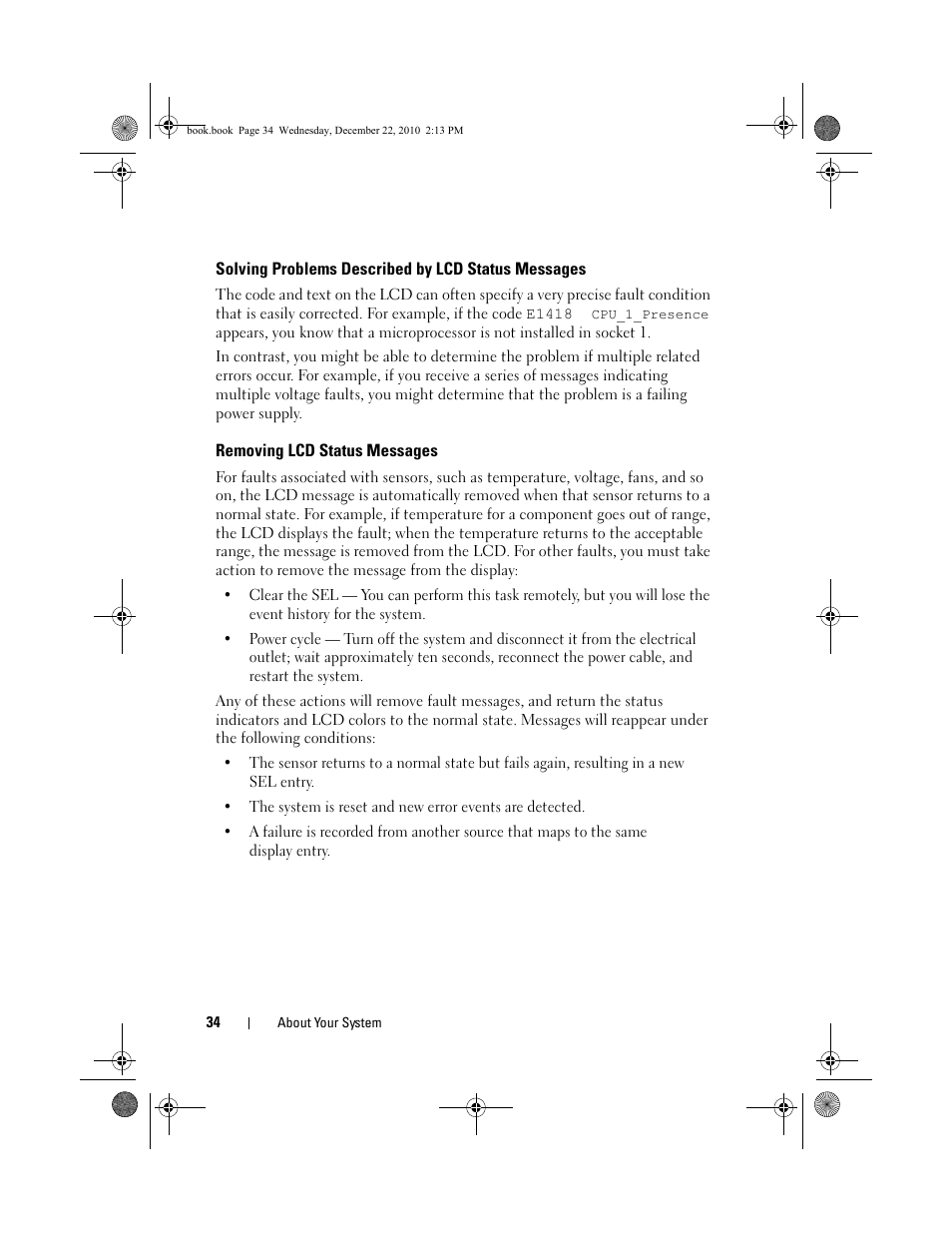 Solving problems described by lcd status messages, Removing lcd status messages | Dell DX6000G User Manual | Page 34 / 174