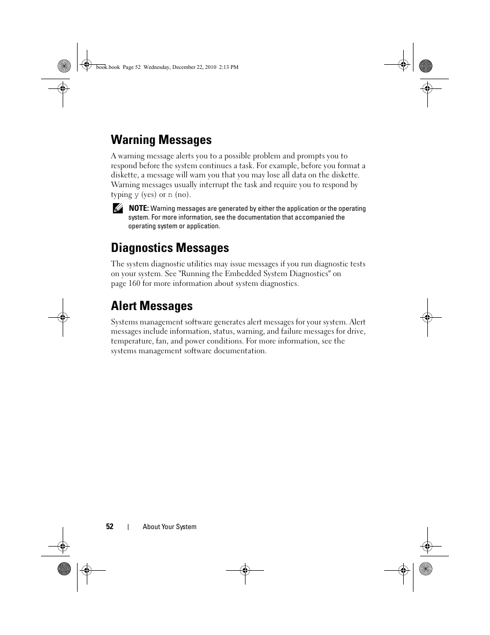 Warning messages, Diagnostics messages, Alert messages | Dell DX6000G User Manual | Page 52 / 174