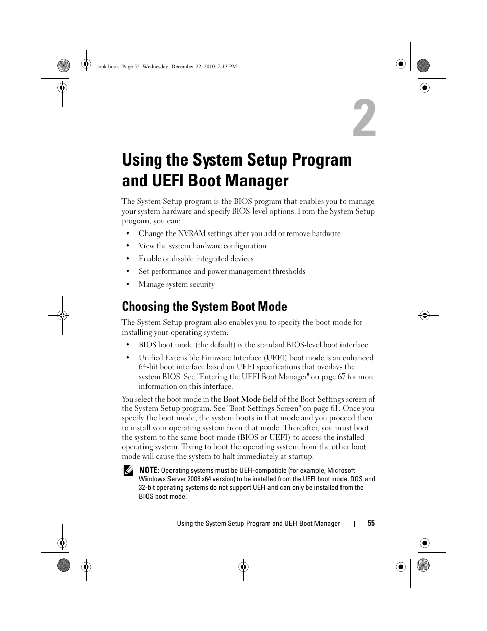 Choosing the system boot mode, Using the system setup program, And uefi boot manager | Using the system setup, N. see "using the system setup, E "using the, System setup program, E. see "using, The system setup program, And uefi boot manager" on | Dell DX6000G User Manual | Page 55 / 174