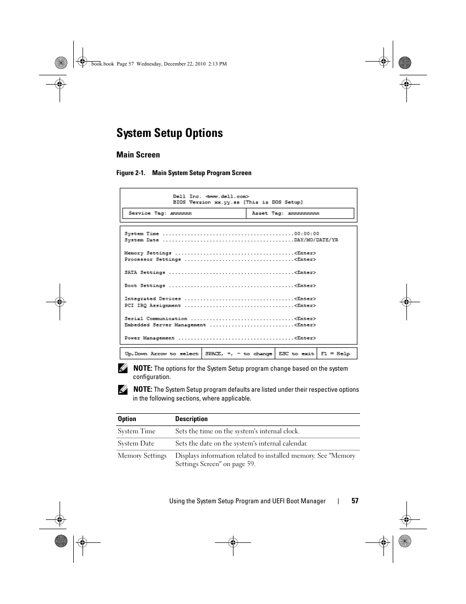 System setup options, Main screen | Dell DX6000G User Manual | Page 57 / 174